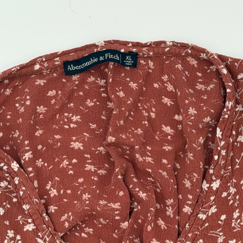 Abercrombie & Fitch Blouse XL Floral Button Front Peplum Rust Red Boho Crepe - Picture 3 of 6